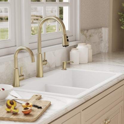 33" Top Mount Double Equal Bowl Quartz Composite Kitchen Sink In White