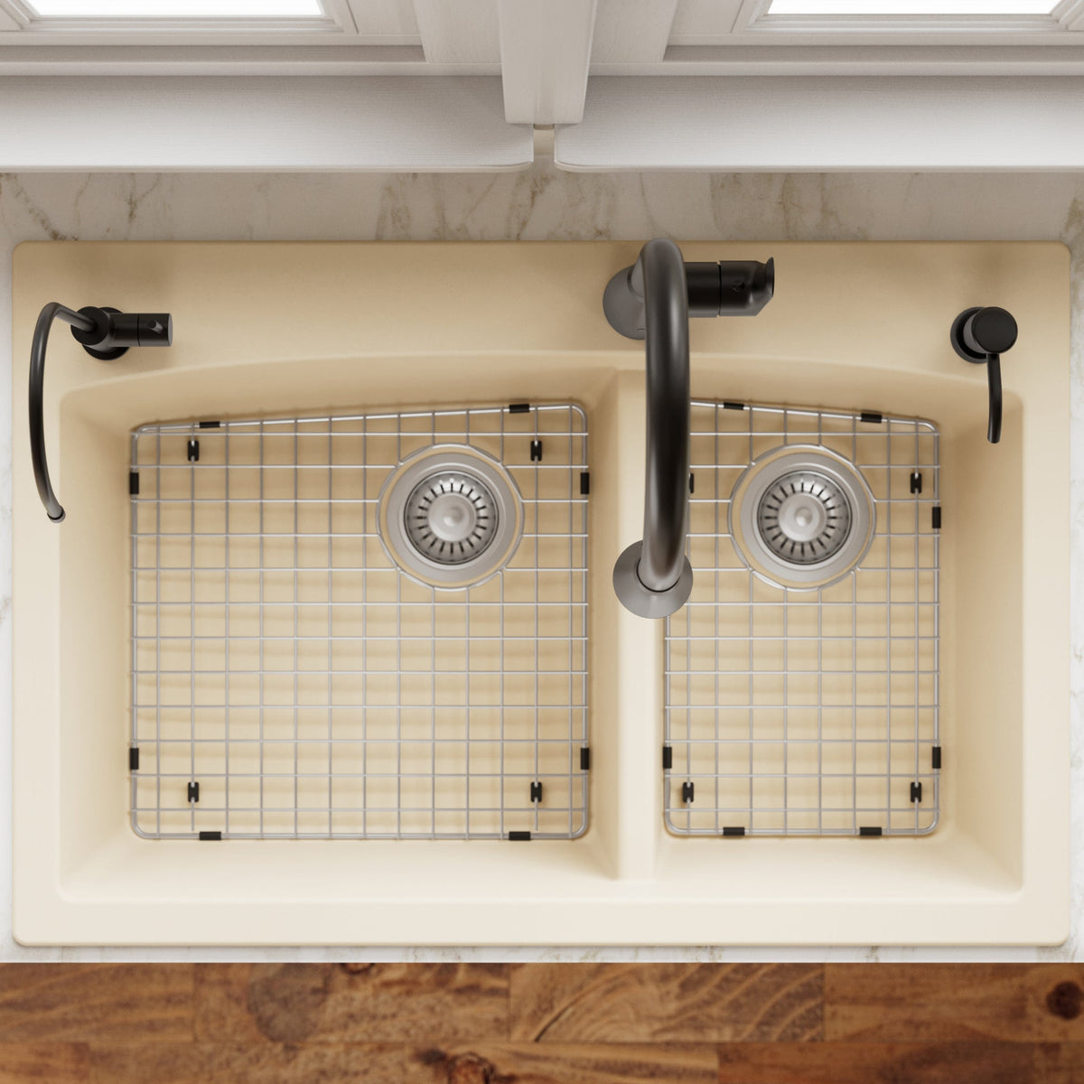 33" Top Mount Double Offset Bowl Quartz Composite Kitchen Sink Kit In Bisque