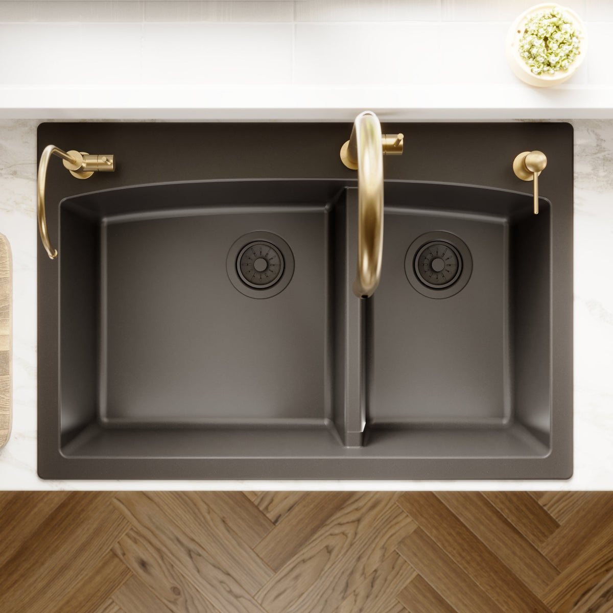 33" Top Mount Double Offset Bowl Quartz Composite Kitchen Sink In Black