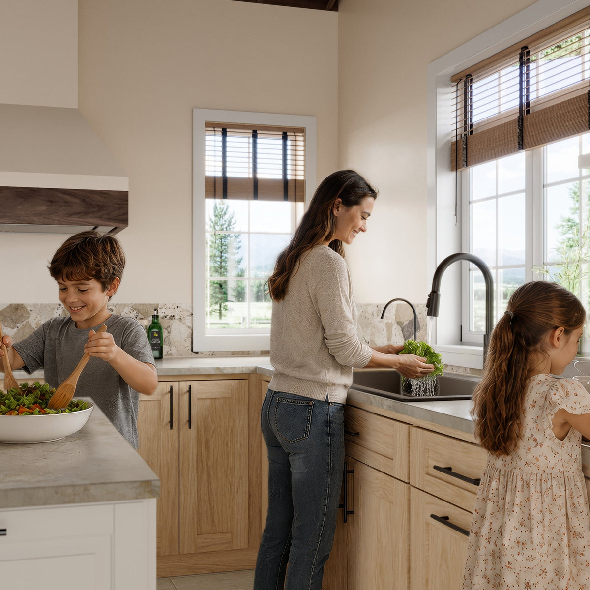 33" Top MountDouble Offset Bowl Quartz Composite Kitchen Sink Kit In Brown