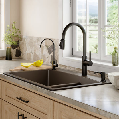 33" Top Mount Double Offset Bowl Quartz Composite Kitchen Sink In Brown