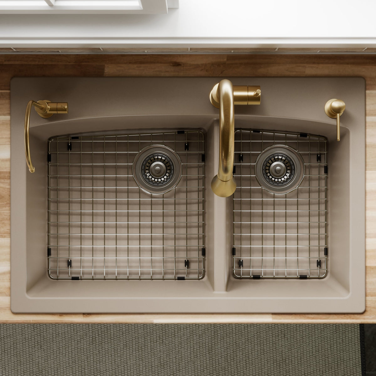 33" Top Mount Double Offset Bowl Quartz Composite Kitchen Sink Kit In Concrete