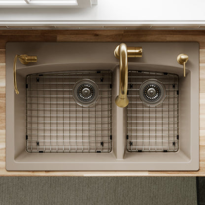 33" Top Mount Double Offset Bowl Quartz Composite Kitchen Sink Kit In Concrete