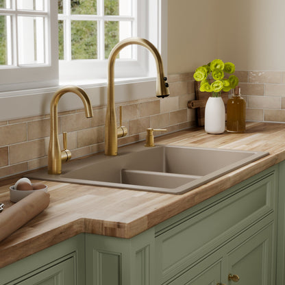 33" Top Mount Double Offset Bowl Quartz Composite Kitchen Sink In Concrete