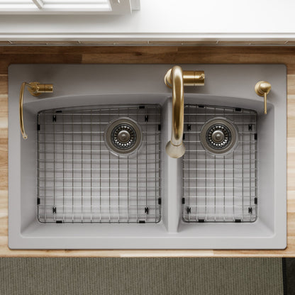 33" Top Mount Double Offset Bowl Quartz Composite Kitchen Sink Kit In Grey