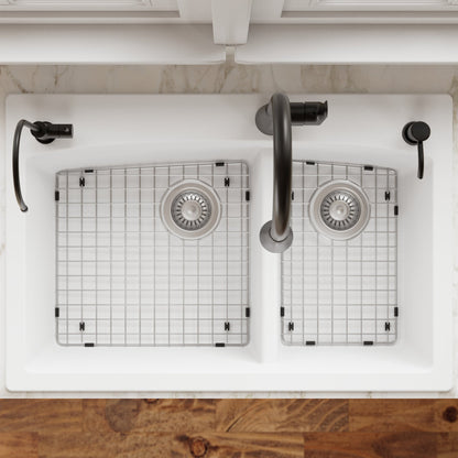 33" Top Mount Double Offset Bowl Quartz Composite Kitchen Sink Kit In White