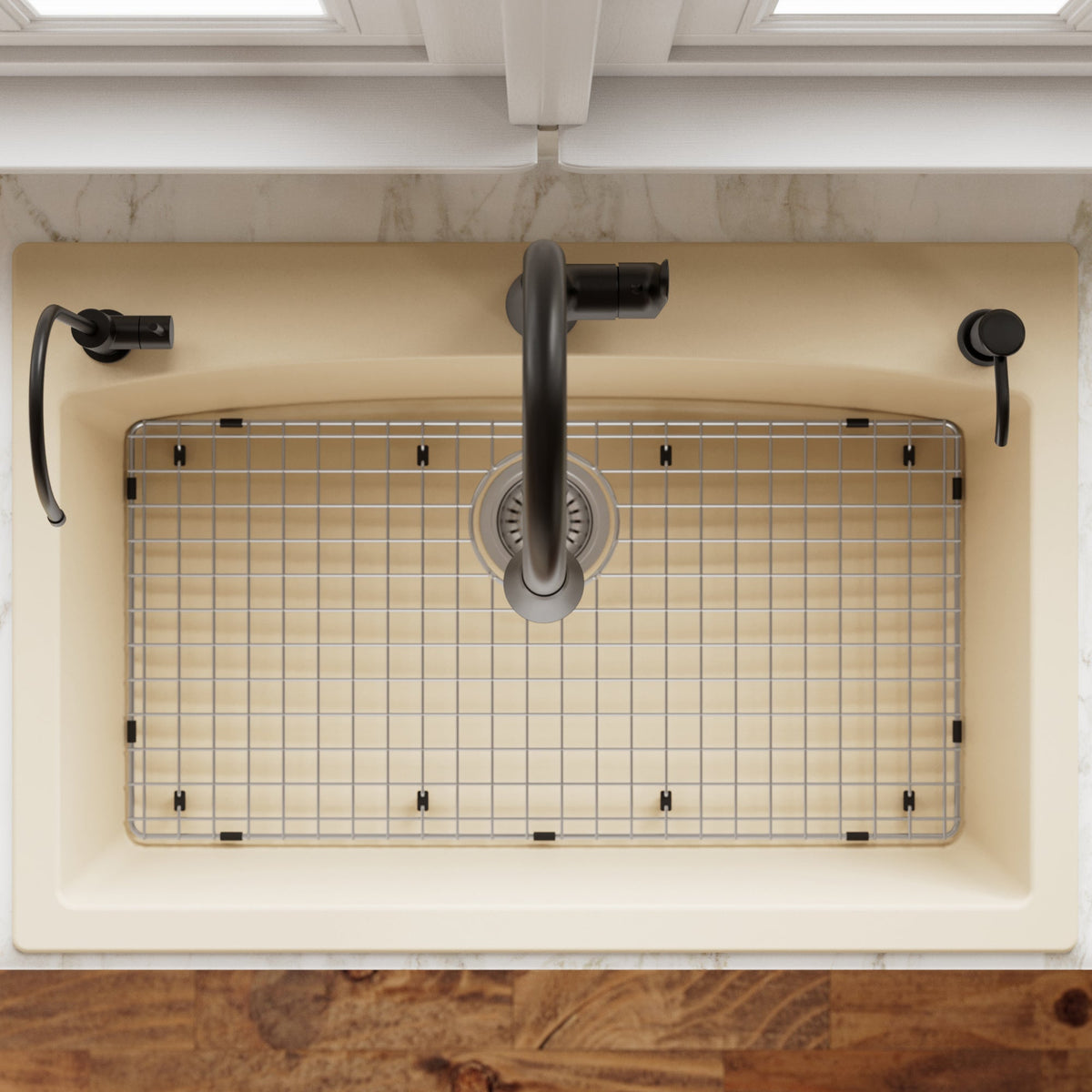 33" Top Mount Large Single Bowl Quartz Composite Kitchen Sink Kit In Bisque