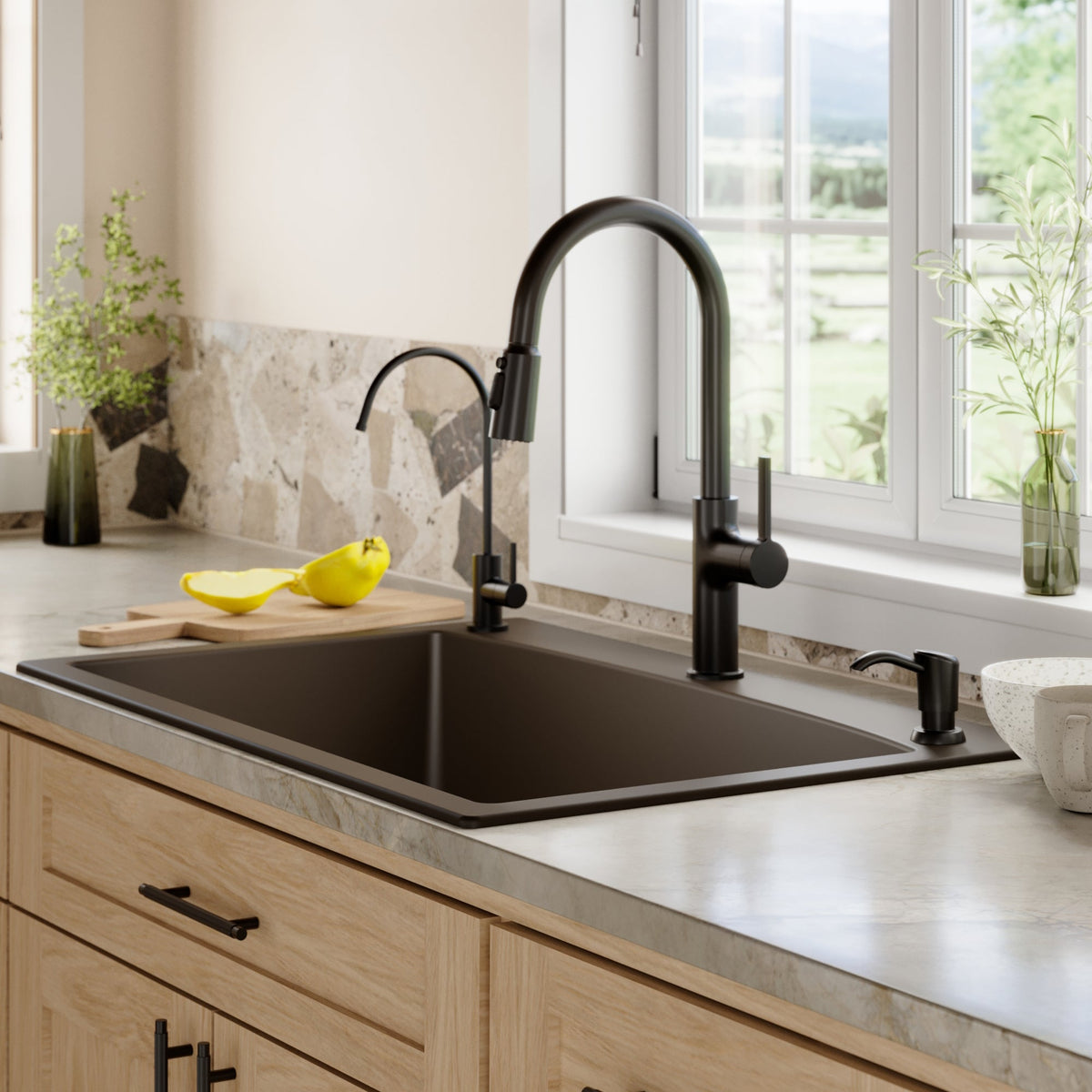 33" Top Mount Large Single Bowl Quartz Composite Kitchen Sink In Brown
