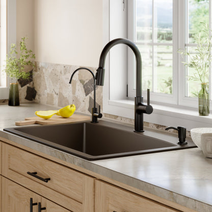33" Top Mount Large Single Bowl Quartz Composite Kitchen Sink In Brown