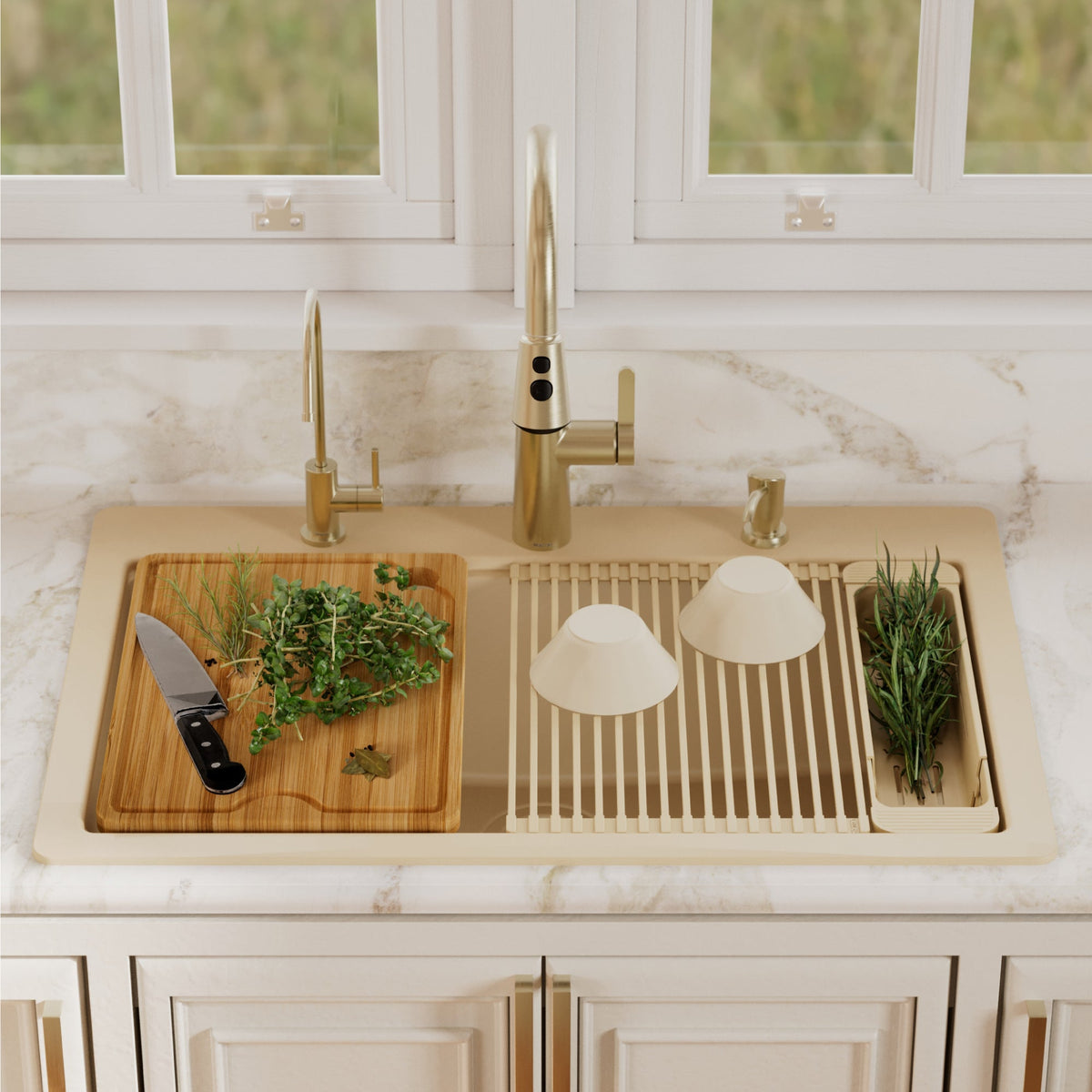 33" Top Mount Single Bowl Quartz Kitchen Sink Kit In Bisque