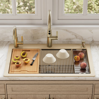 33" Top Mount Large Single Bowl Quartz Composite Workstation Kitchen Sink In Bisque
