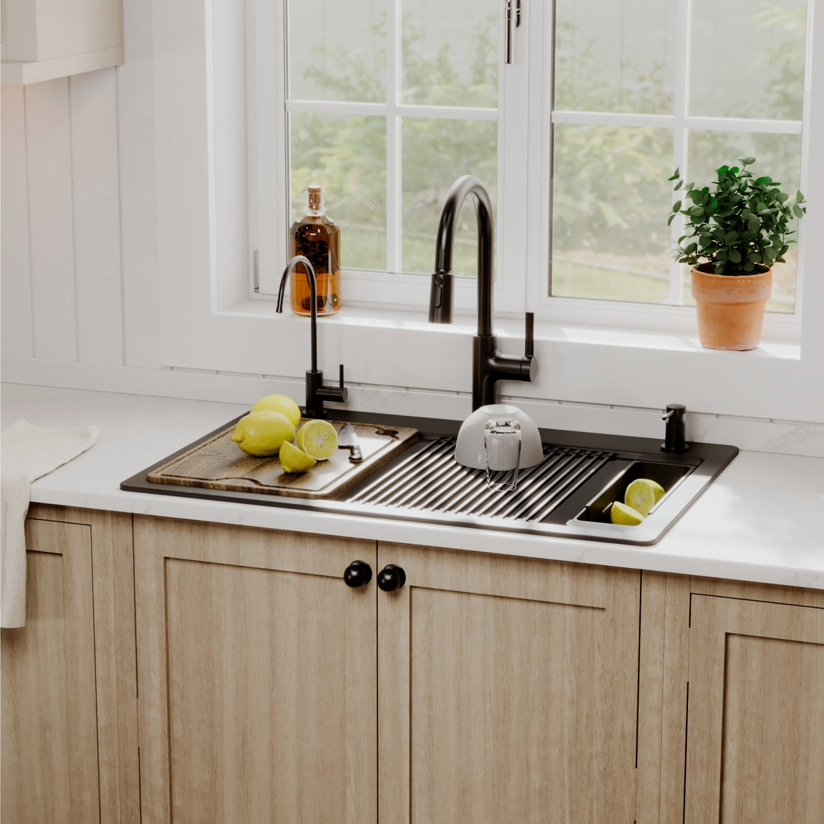 33" Top Mount Single Bowl Quartz Kitchen Sink Kit In Black