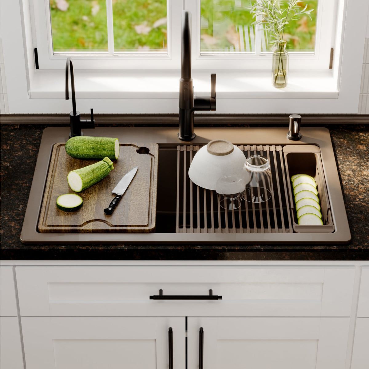 33" Top Mount Single Bowl Quartz Kitchen Sink Kit In Brown