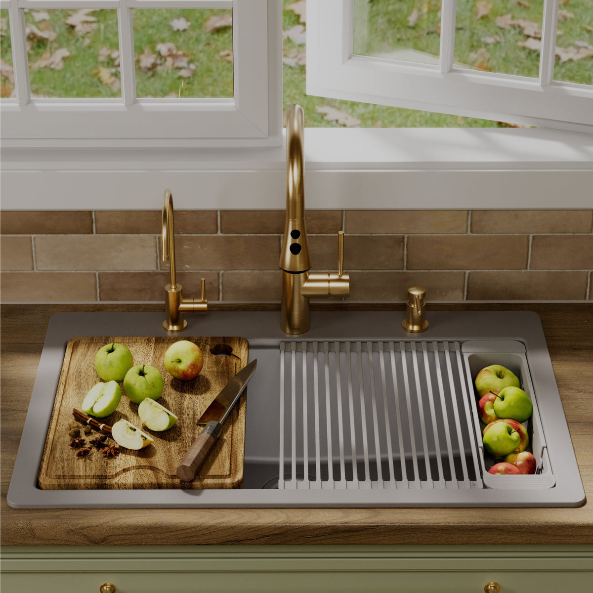 33" Top Mount Single Bowl Quartz Kitchen Sink Kit In Grey