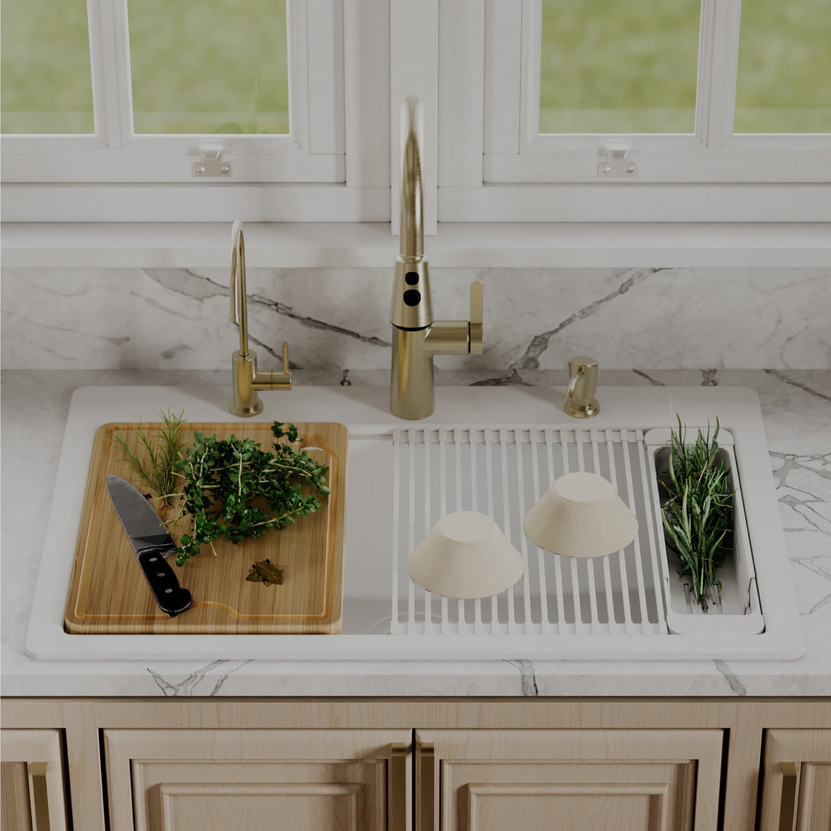 33" Top Mount Single Bowl Quartz Kitchen Sink Kit In White