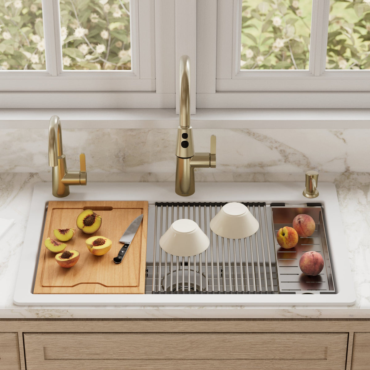 33" Top Mount Large Single Bowl Quartz Composite Workstation Kitchen Sink In White