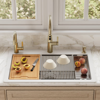 33" Top Mount Large Single Bowl Quartz Composite Workstation Kitchen Sink In White