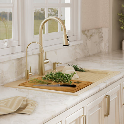 33" Top Mount Double Bowl Quartz Kitchen Sink Kit In Bisque