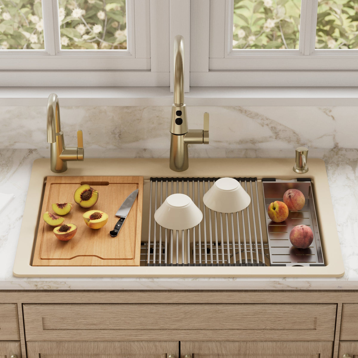 33" Top Mount Double Equal Bowl Quartz Composite Workstation Kitchen Sink In Bisque