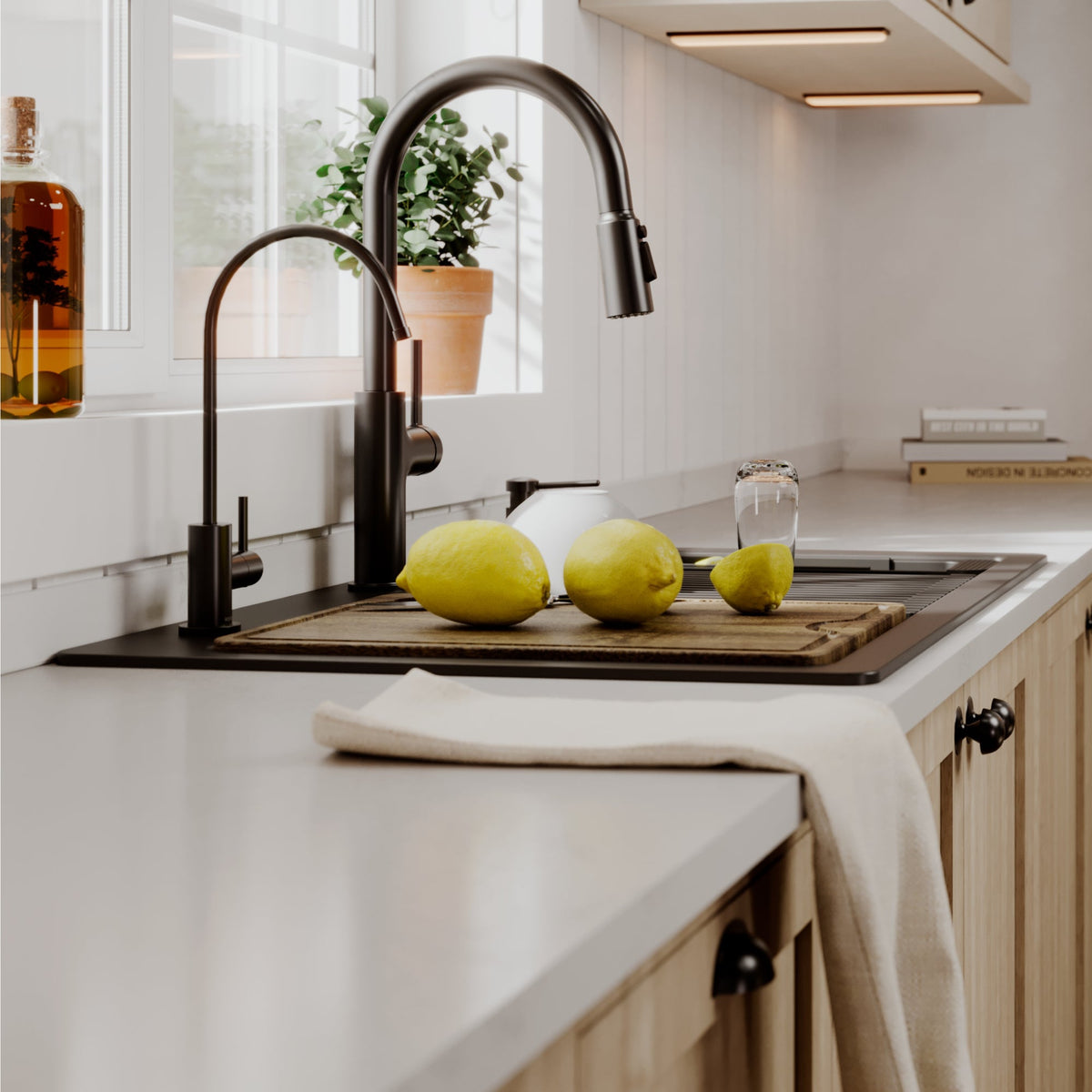 33" Top Mount Double Bowl Quartz Kitchen Sink Kit In Black