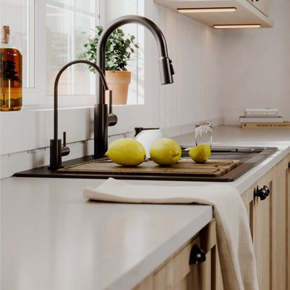 33" Top Mount Double Bowl Quartz Kitchen Sink Kit In Black