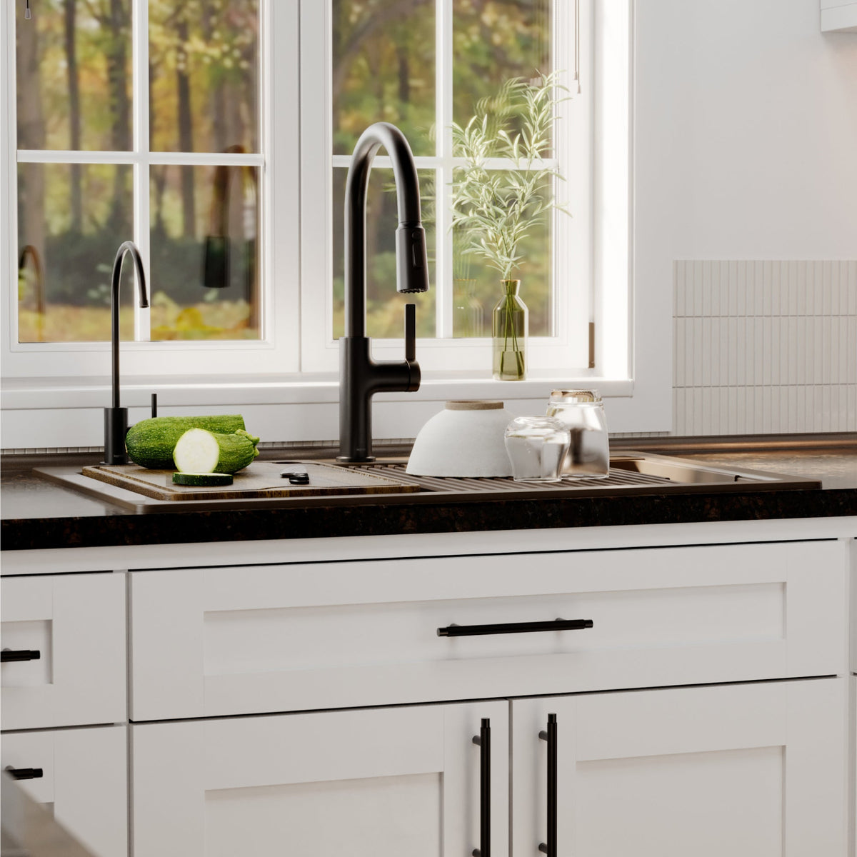 33" Top Mount Double Bowl Quartz Kitchen Sink Kit In Brown