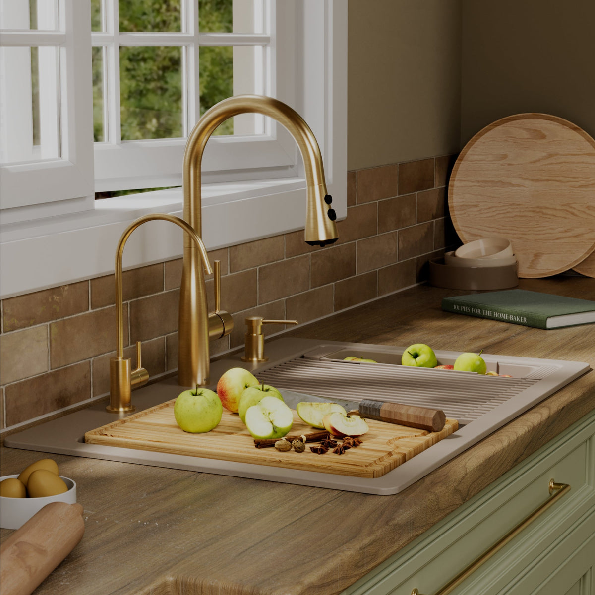 33" Top Mount Double Bowl Quartz Kitchen Sink Kit In Concrete