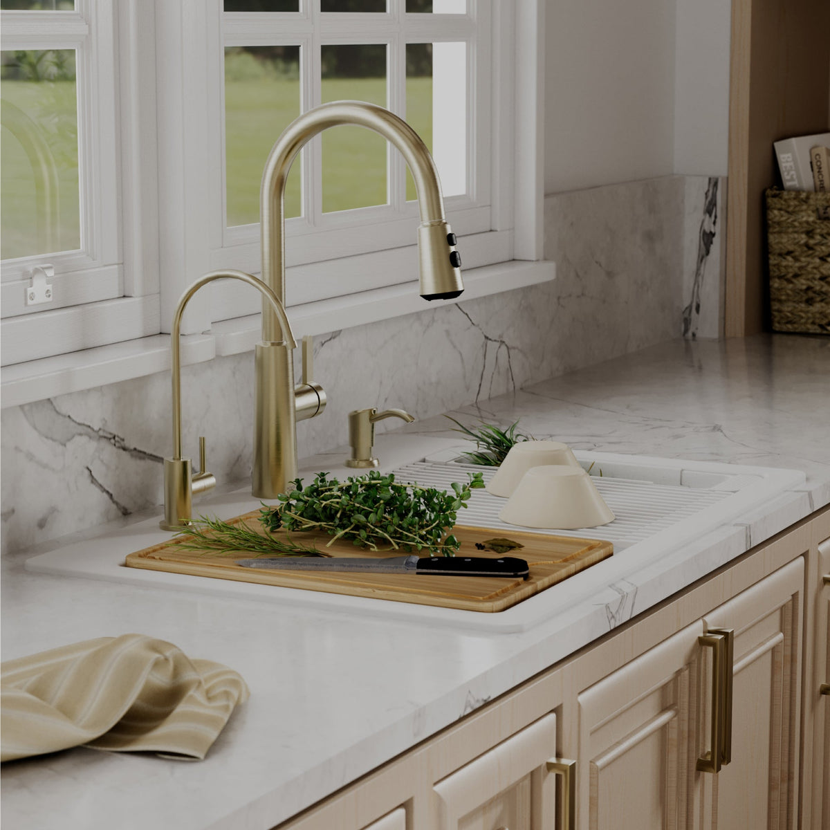 33" Top Mount Double Bowl Quartz Kitchen Sink Kit In White