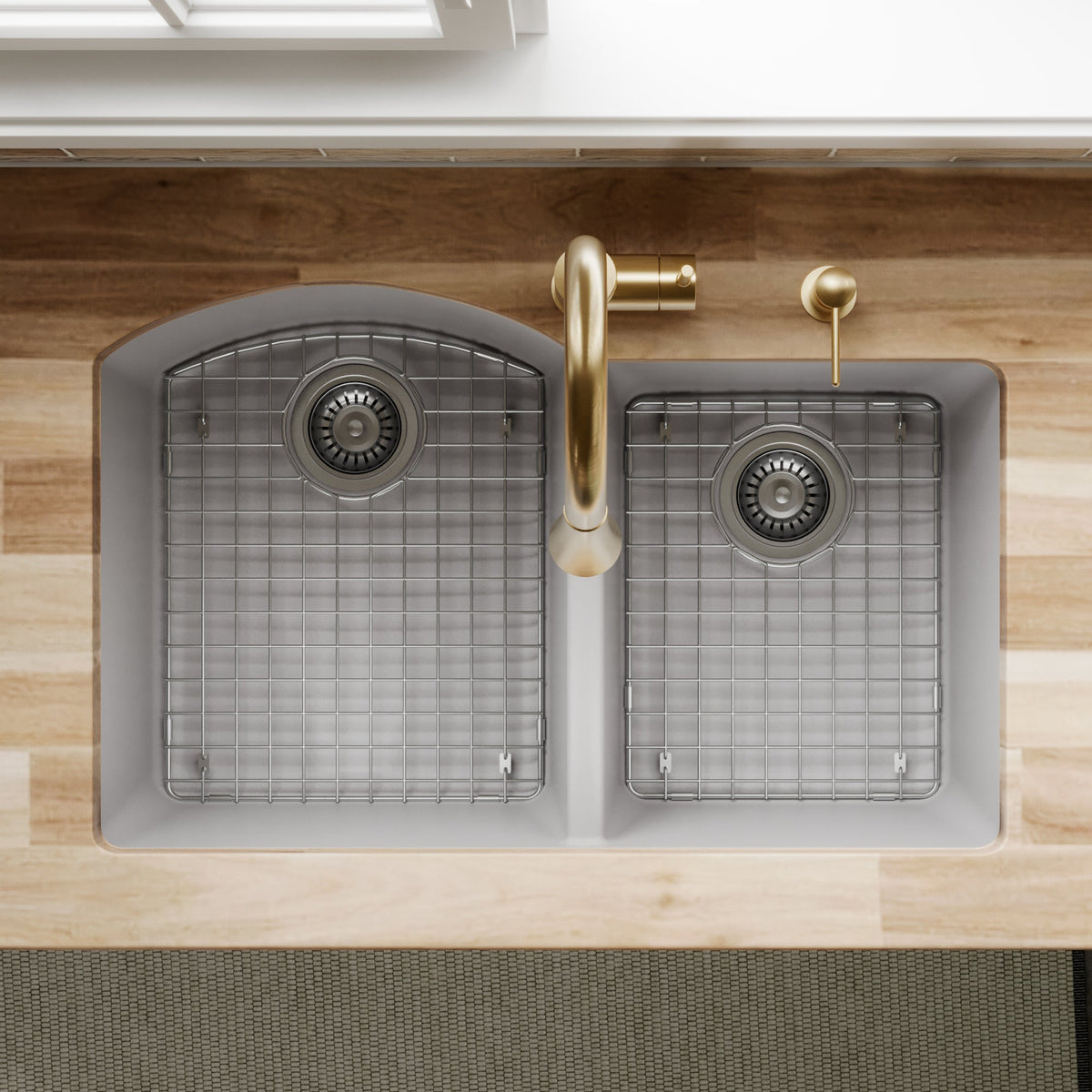 32-1/4" Undermount Double Offset Bowl Quartz Composite Kitchen Sink Kit In Grey