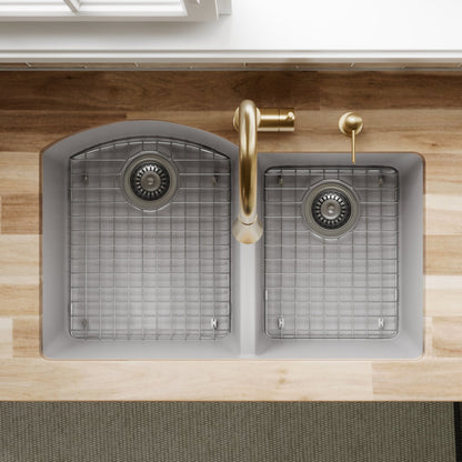 32-1/4" Undermount Double Offset Bowl Quartz Composite Kitchen Sink Kit In Grey