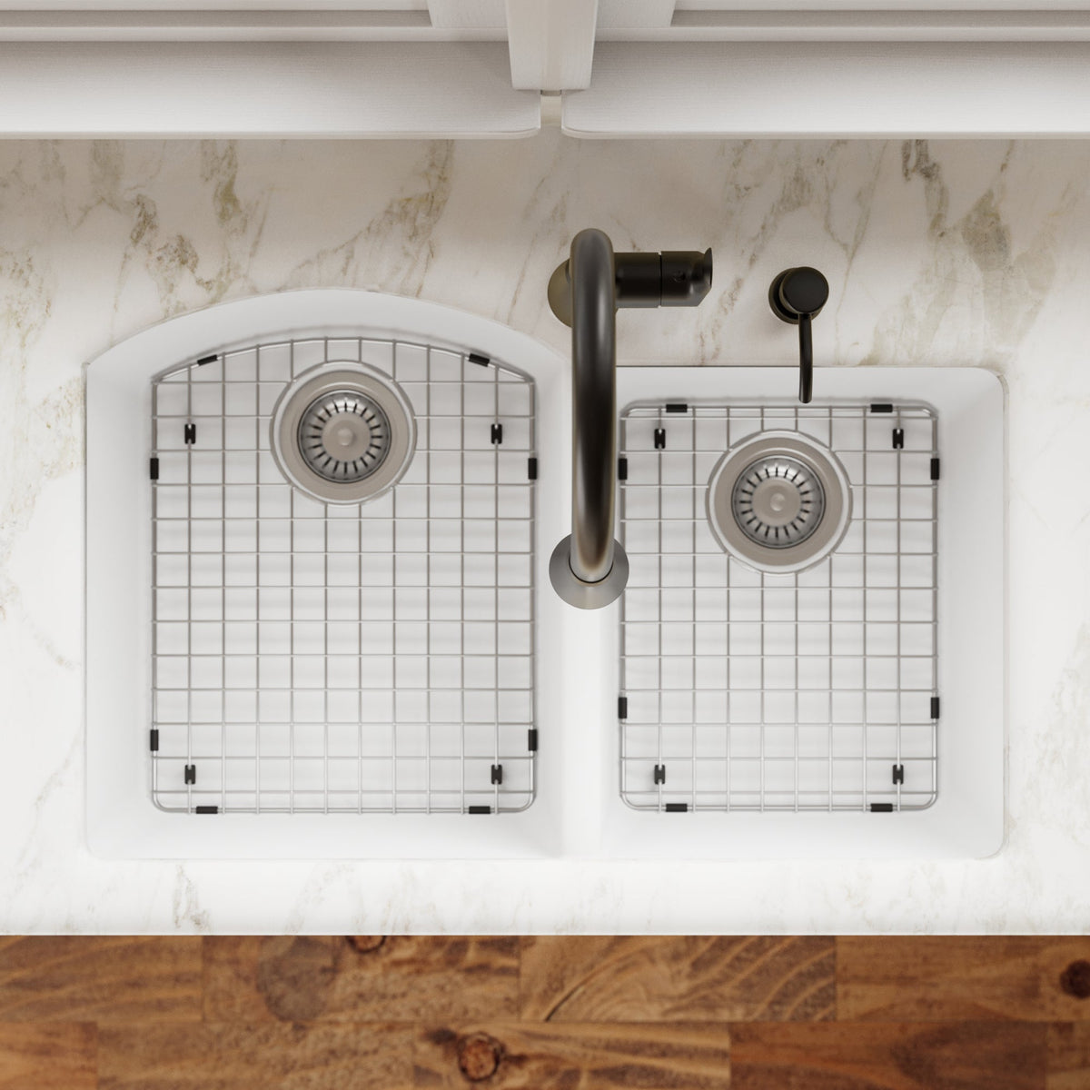 32-1/4" Undermount Double Offset Bowl Quartz Composite Kitchen Sink Kit In White
