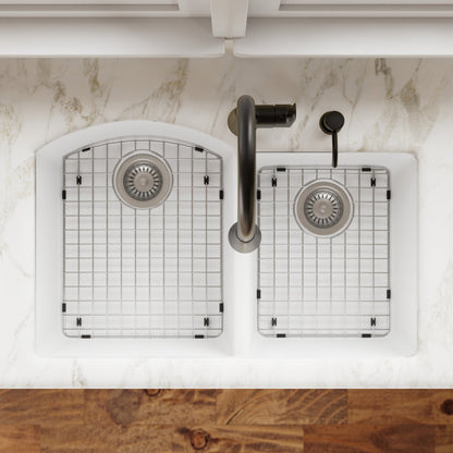 32-1/4" Undermount Double Offset Bowl Quartz Composite Kitchen Sink Kit In White