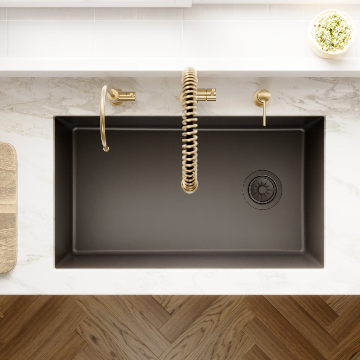 31-5/8" Undermount Large Single Bowl Quartz Composite Kitchen Sink In Black