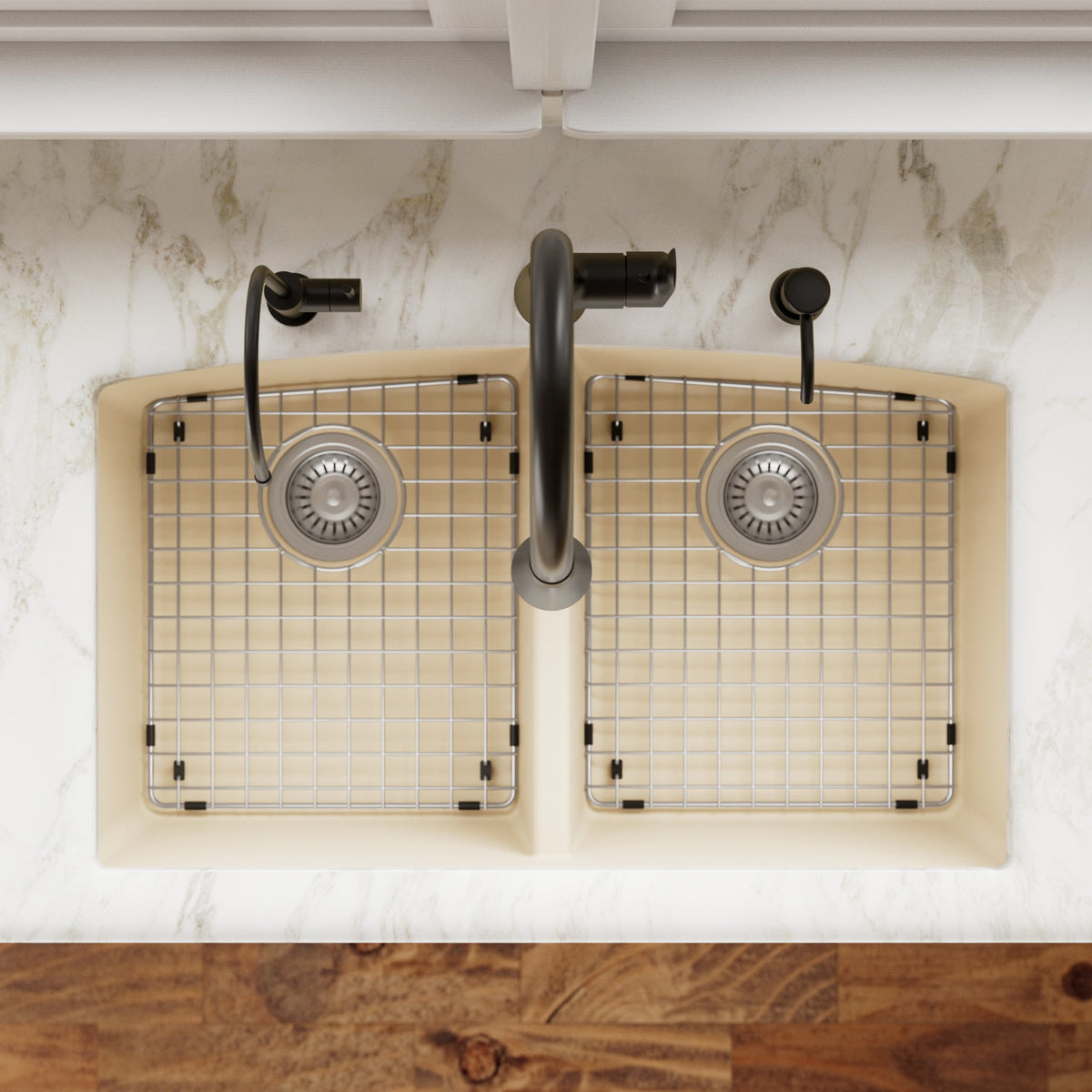 32-1/2" Undermount Double Equal Bowl Quartz Composite Kitchen Sink Kit In Bisque
