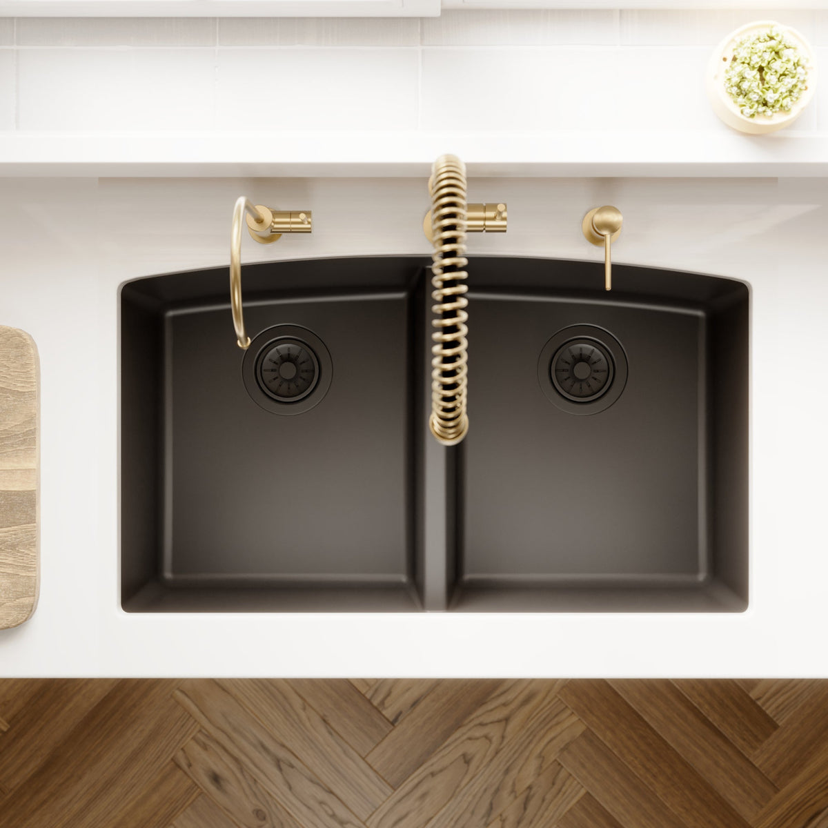 32-1/2" Undermount Double Equal Bowl Quartz Composite Kitchen Sink In Black