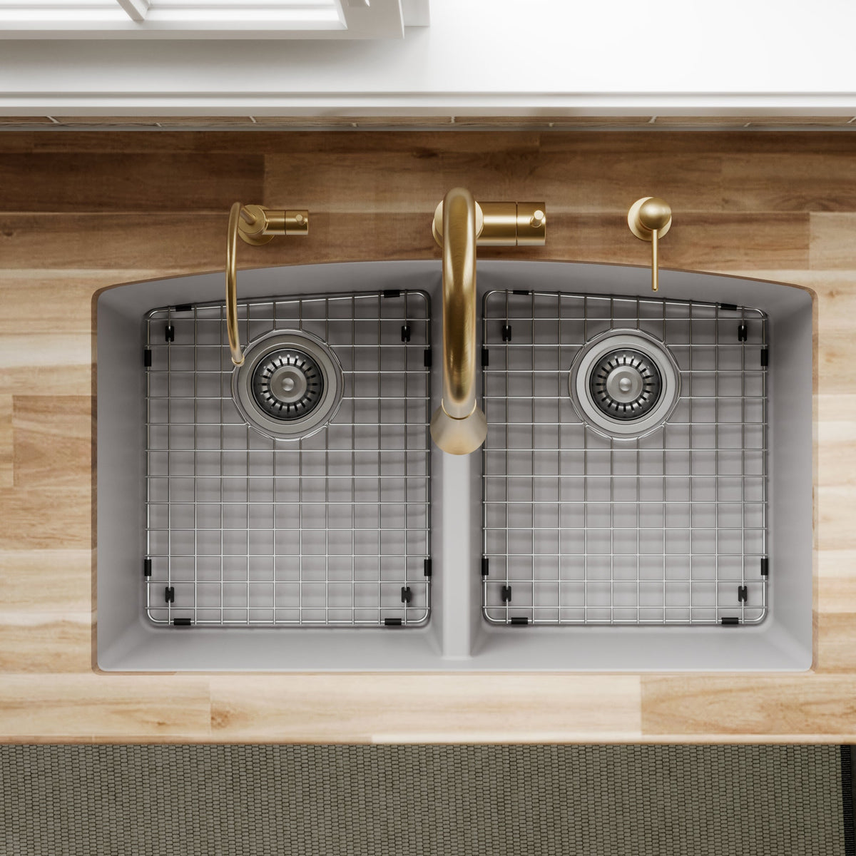 32-1/2" Undermount Double Equal Bowl Quartz Composite Kitchen Sink Kit In Grey