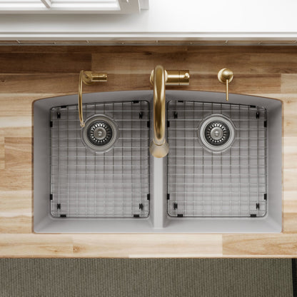 32-1/2" Undermount Double Equal Bowl Quartz Composite Kitchen Sink Kit In Grey