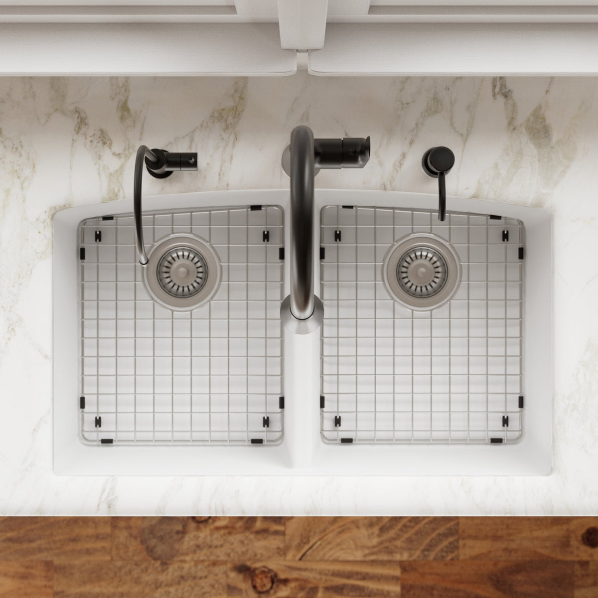 32-1/2" Undermount Double Equal Bowl Quartz Composite Kitchen Sink Kit In White