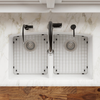 32-1/2" Undermount Double Equal Bowl Quartz Composite Kitchen Sink Kit In White