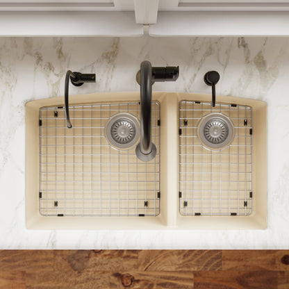 32-1/2" Undermount Double Offset Bowl Quartz Composite Kitchen Sink Kit In Bisque