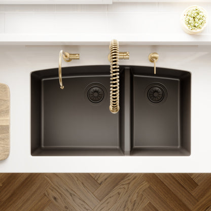 32-1/2" Undermount Double Offset Bowl Quartz Composite Kitchen Sink In Black