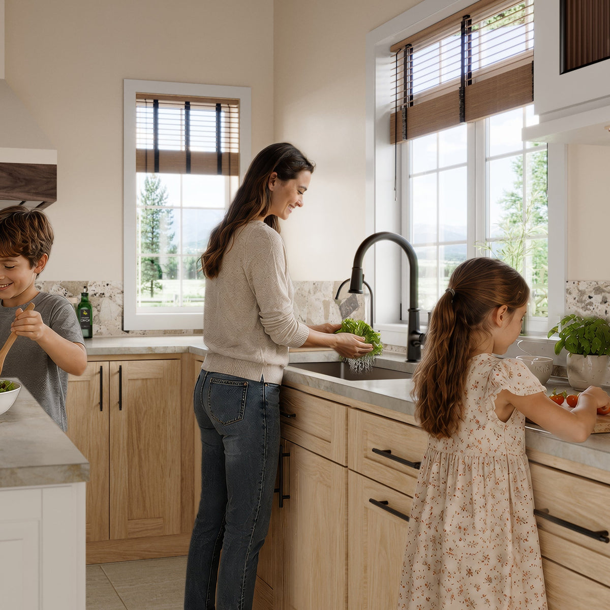 32-1/2" Undermount Double Offset Bowl Quartz Composite Kitchen Sink Kit In Brown