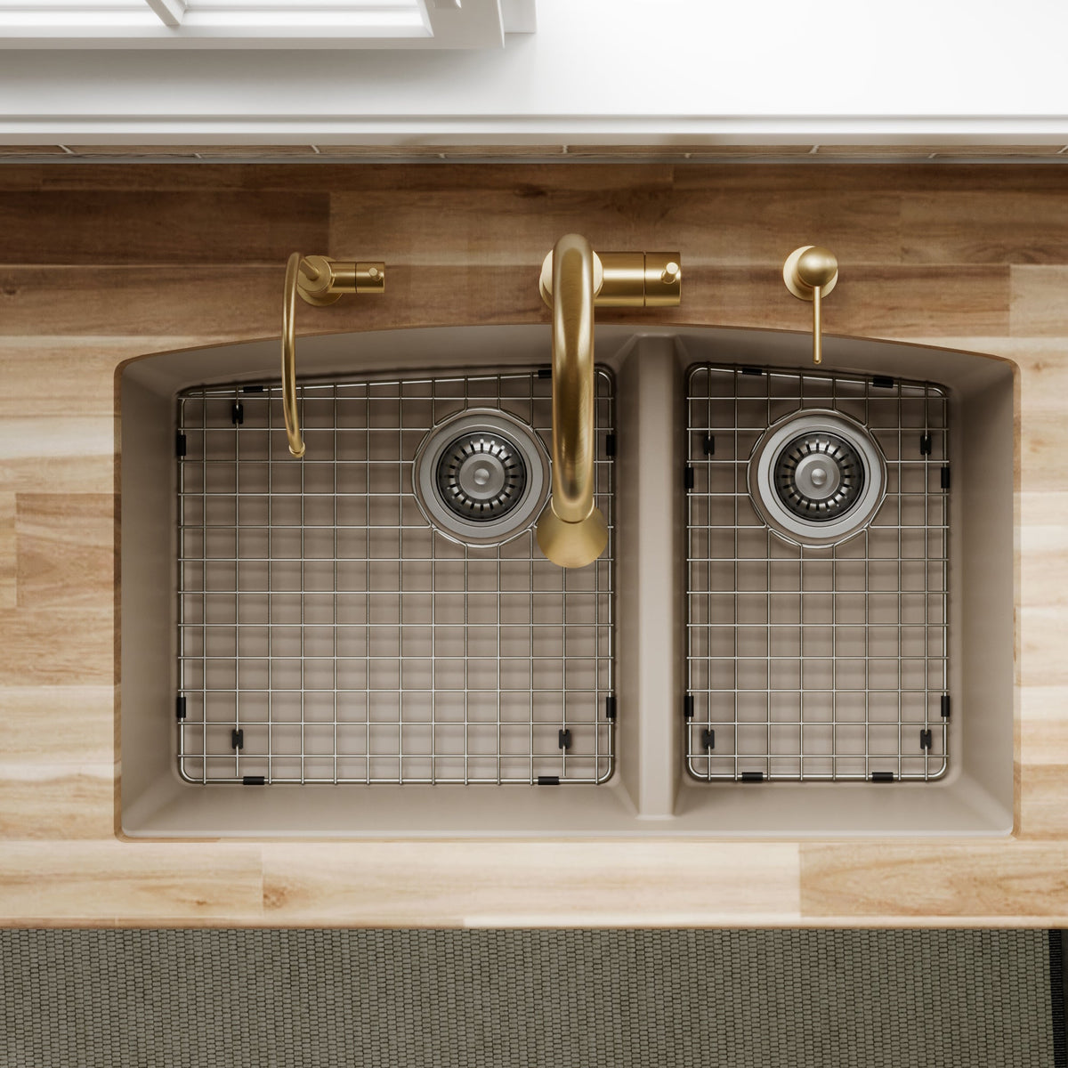 32-1/2" Undermount Double Offset Bowl Quartz Composite Kitchen Sink Kit In Concrete