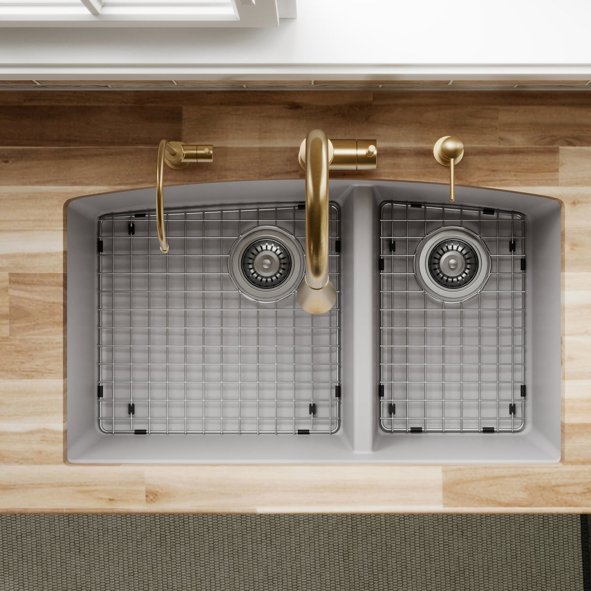 32-1/2" Undermount Double Offset Bowl Quartz Composite Kitchen Sink Kit In Grey