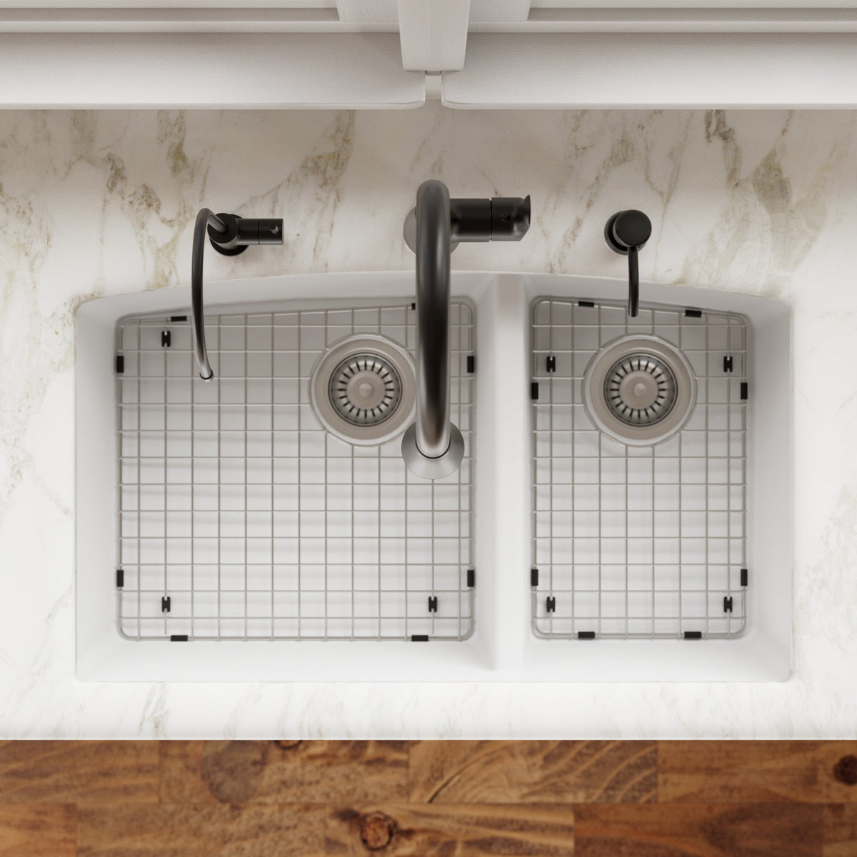 32-1/2" Undermount Double Offset Bowl Quartz Composite Kitchen Sink Kit In White