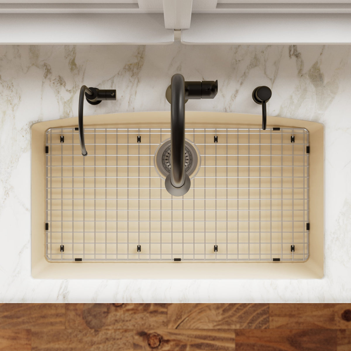 32-1/2" Undermount Large Single Bowl Quartz Composite Kitchen Sink Kit In Bisque
