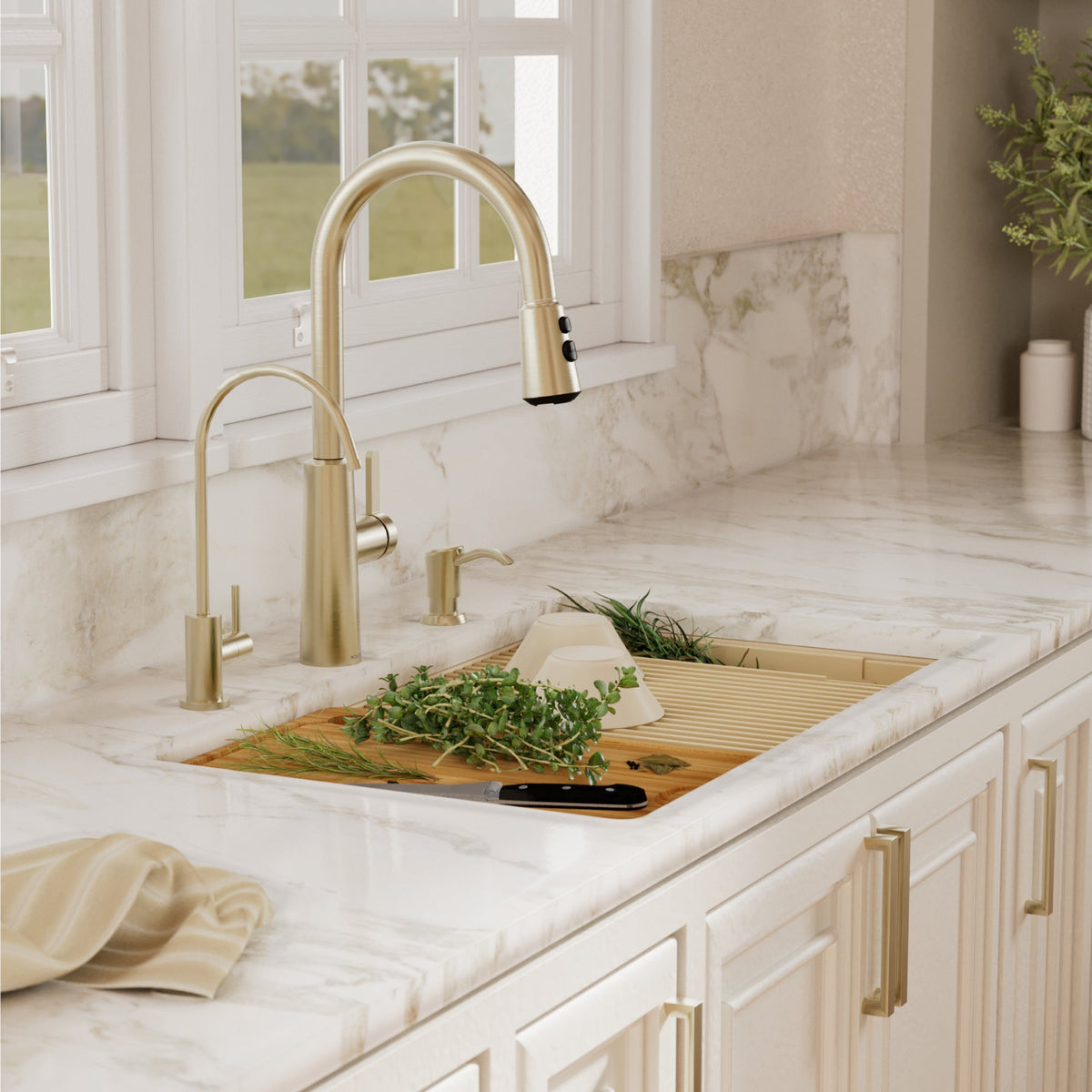32" Undermount Single Bowl Quartz Kitchen Sink Kit In Bisque