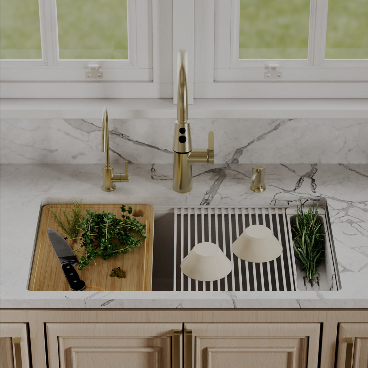 32" Undermount Single Bowl Quartz Kitchen Sink Kit In White