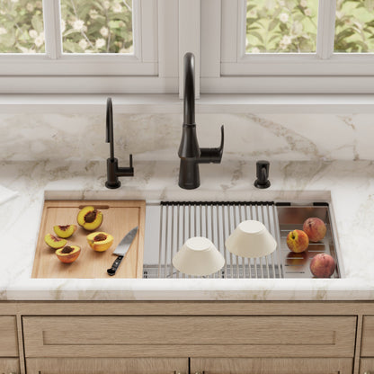 32" Undermount Large Single Bowl Quartz Composite Workstation Kitchen Sink In White