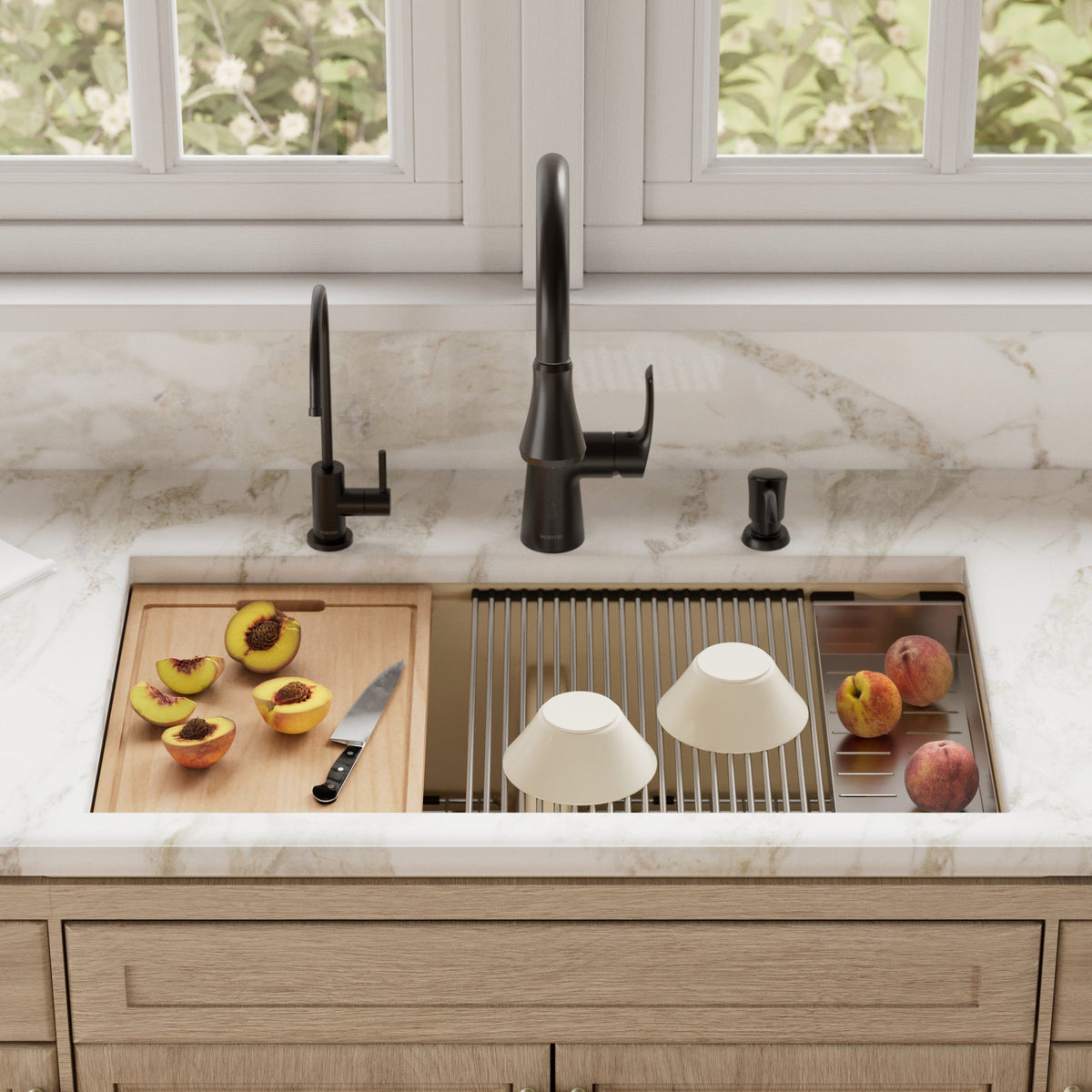 32-1/2" Undermount Double Equal Bowl Quartz Composite Workstation Kitchen Sink In Bisque